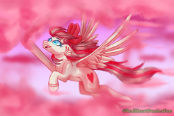 Size: 3000x2000 | Tagged: safe, artist:redheartponiesfan, angel wings, pegasus, pony, g4, bow, bracelet, cloud, female, floppy ears, flying, hair bow, high res, jewelry, mare, pink cloud, sky, solo