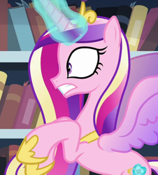 Size: 1226x1355 | Tagged: safe, screencap, princess cadance, alicorn, pony, g4, the crystalling, book, bookshelf, colored wings, concave belly, cropped, crown, female, flying, hoof shoes, jewelry, library, magic, mare, peytral, princess shoes, raised hoof, regalia, slender, solo, spread wings, thin, wings