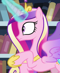 Size: 1124x1355 | Tagged: safe, screencap, princess cadance, alicorn, pony, g4, the crystalling, book, bookshelf, concave belly, cropped, crown, female, flying, hoof shoes, jewelry, library, magic, mare, peytral, princess shoes, raised hoof, regalia, slender, solo, thin