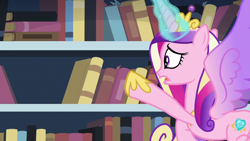 Size: 1280x720 | Tagged: safe, screencap, princess cadance, alicorn, pony, g4, the crystalling, book, bookshelf, female, flying, library, magic, mare, solo, spread wings, wings
