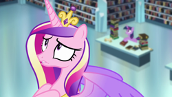 Size: 1280x720 | Tagged: safe, screencap, princess cadance, twilight sparkle, alicorn, pony, g4, the crystalling, book, bookshelf, flying, library, sisters-in-law, twilight sparkle (alicorn), worried