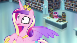 Size: 1280x720 | Tagged: safe, screencap, princess cadance, twilight sparkle, alicorn, pony, g4, the crystalling, book, bookshelf, flying, library, sisters-in-law, twilight sparkle (alicorn)