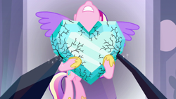 Size: 1280x720 | Tagged: safe, screencap, princess cadance, alicorn, pony, g4, my little pony: friendship is magic, the beginning of the end, crystal heart, female, gritted teeth, lifting, mare, solo