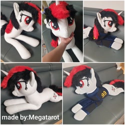 Size: 2896x2896 | Tagged: safe, artist:megatarot, oc, oc only, oc:blackjack, pony, unicorn, fallout equestria, fallout equestria: project horizons, clothes, fanfic art, high res, irl, life size, offscreen character, offscreen human, photo, plushie, vault security armor