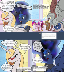 Size: 2562x2856 | Tagged: safe, artist:professor-ponyarity, princess cadance, princess luna, oc, oc:bonniecorn, oc:rye, dragon, pony, tumblr:ask rye dimar dragon, g4, camera, high res, magic, petrification