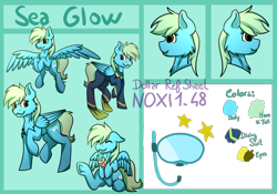 Size: 2000x1400 | Tagged: safe, artist:noxi1_48, oc, oc only, oc:sea glow, pegasus, pony, drinking, flippers (gear), male, pegasus oc, reference sheet, solo, stallion, wetsuit