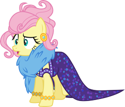 Size: 3515x3000 | Tagged: safe, artist:cloudy glow, fluttershy, pegasus, pony, g4, viva las pegasus, .ai available, alternate hairstyle, bracelet, clothes, disguise, dress, female, high res, impossibly rich, jewelry, mare, open mouth, simple background, transparent background, vector