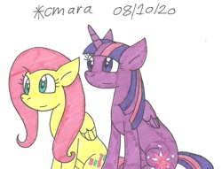 Size: 1135x866 | Tagged: safe, artist:cmara, fluttershy, twilight sparkle, alicorn, pegasus, pony, g4, duo, female, mare, simple background, sitting, traditional art, twilight sparkle (alicorn), white background