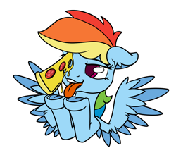 Size: 1200x1089 | Tagged: safe, artist:dacaoo, rainbow dash, pegasus, pony, g4, female, floppy ears, food, mare, pizza, prize on the eyes, simple background, solo, spread wings, that pony sure does love pizza, tongue out, underhoof, white background, wings