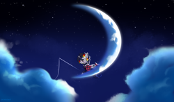 Size: 2548x1498 | Tagged: safe, artist:promiset, oc, oc only, oc:moonshine, pony, unicorn, clothes, cloud, collar, cute, dreamworks, ear piercing, female, fishing, fishing rod, flannel, flannel shirt, grin, looking down, lying down, moon, night, piercing, sky, smiling, solo, stars, stockings, thigh highs