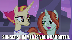 Size: 1280x720 | Tagged: safe, edit, edited screencap, screencap, crackle cosette, fire flare, queen chrysalis, pony, unicorn, g4, the summer sun setback, caption, disguise, disguised changeling, female, image macro, implied sunset shimmer, mare, meme, slender, text, thin