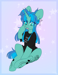 Size: 2166x2826 | Tagged: safe, artist:sugarstar, oc, oc only, oc:rouz rain, pony, unicorn, rcf community, clothes, ear piercing, earring, female, high res, horn, jewelry, looking down, mare, piercing, shirt, sitting, solo, t-shirt, tattoo, tongue out
