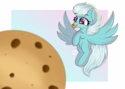 Size: 2560x1810 | Tagged: safe, artist:janelearts, fleetfoot, pegasus, pony, g4, cookie, cute, diafleetes, eating, female, flying, food, mare, missing cutie mark, mouth hold, smiling, solo, spread wings, wings