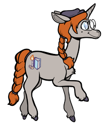 Size: 1239x1433 | Tagged: safe, artist:lucheek, oc, oc only, oc:door stopper, pony, unicorn, braid, braided tail, female, flat cap, glasses, hat, horn, mare, simple background, solo, transparent background, unicorn oc
