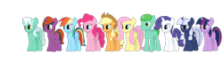 Size: 3840x1080 | Tagged: safe, artist:firefox195, artist:tomasdrah, applejack, fluttershy, pinkie pie, rainbow dash, rarity, skyra, twilight sparkle, oc, oc:anon, oc:saturn star, oc:silverlay, alicorn, earth pony, original species, pegasus, pony, umbra pony, unicorn, g4, 3d, blender, group, line-up, mane six, simple background, transparent background, twilight sparkle (alicorn)
