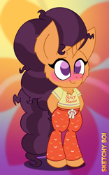 Size: 2000x3200 | Tagged: safe, artist:snakeythingy, saffron masala, pony, unicorn, g4, arm behind back, bipedal, blushing, chest fluff, clothes, cutie mark, cutie mark background, gradient background, high res, pajamas, standing