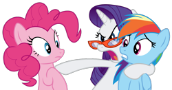Size: 1307x686 | Tagged: safe, artist:sollace, derpibooru exclusive, pinkie pie, rainbow dash, rarity, earth pony, pegasus, pony, unicorn, g4, rarity takes manehattan, .svg available, bipedal, glasses, looking at you, looking away, open mouth, raised eyebrow, rarity's glasses, show accurate, simple background, svg, transparent background, trio, vector