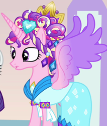 Size: 958x1125 | Tagged: safe, screencap, princess cadance, alicorn, pony, g4, games ponies play, ceremonial headdress, clothes, colored wings, dress, female, gradient wings, mare, multicolored wings, solo, spread wings, wings