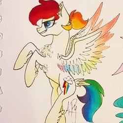 Size: 799x799 | Tagged: safe, artist:galaxy.in.mind, rainbow dash, pegasus, pony, g4, chest fluff, female, mare, rearing, redesign, solo, traditional art