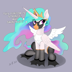 Size: 2322x2323 | Tagged: safe, alternate version, artist:xbi, princess celestia, alicorn, bird, pony, swan, g4, 30 minute art challenge finished after, animal costume, celestia is not amused, clothes, costume, dialogue, fake wings, female, flippers (gear), gray background, high res, simple background, sitting, socks, solo, suit, swanlestia, unamused