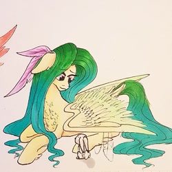 Size: 851x851 | Tagged: safe, artist:galaxy.in.mind, fluttershy, pegasus, pony, rabbit, g4, animal, female, lying down, mare, prone, redesign, solo, traditional art