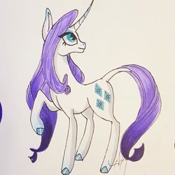 Size: 1041x1040 | Tagged: safe, artist:galaxy.in.mind, rarity, pony, unicorn, g4, colored hooves, curved horn, female, horn, leonine tail, looking back, looking up, mare, redesign, solo, traditional art