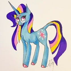 Size: 978x978 | Tagged: safe, artist:galaxy.in.mind, twilight sparkle, pony, unicorn, g4, colored hooves, female, glasses, leonine tail, mare, redesign, solo, traditional art, unicorn twilight