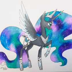 Size: 1080x1080 | Tagged: safe, artist:galaxy.in.mind, princess luna, alicorn, pony, g4, ethereal mane, female, galaxy mane, hoof shoes, jewelry, mare, peytral, raised hoof, redesign, solo, tiara, traditional art, two toned wings, wings