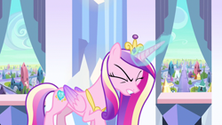 Size: 1280x720 | Tagged: safe, screencap, princess cadance, pony, g4, the crystal empire, eyes closed, female, folded wings, magic, solo, struggling, wings