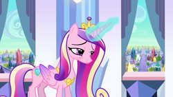 Size: 1280x720 | Tagged: safe, screencap, princess cadance, alicorn, pony, g4, the crystal empire, female, folded wings, magic, mare, solo, tired, wings