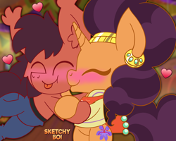 Size: 2500x2000 | Tagged: safe, artist:snakeythingy, saffron masala, oc, oc:sketchy dupe, g4, blushing, canon x oc, cheek kiss, glomp, high res, kissing, sketchffron, story included
