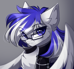 Size: 2190x2040 | Tagged: safe, artist:airiniblock, oc, oc only, oc:disk graze, pegasus, pony, rcf community, bust, chest fluff, commission, ear fluff, eyebrows, eyebrows visible through hair, glasses, high res, male, pegasus oc, solo, stallion, wings