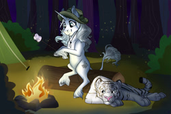 Size: 2514x1679 | Tagged: safe, artist:ali-selle, oc, oc only, oc:sumona, big cat, classical unicorn, firefly (insect), insect, pony, tiger, unicorn, campfire, cloven hooves, commission, food, forest, horn, leonine tail, marshmallow, pet, tent, unshorn fetlocks