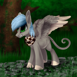 Size: 2362x2362 | Tagged: safe, artist:intfighter, oc, oc only, pegasus, pony, clothes, colored hooves, high res, leonine tail, outdoors, pegasus oc, scarf, solo, tree, two toned wings, wings