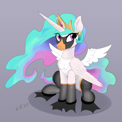 Size: 2322x2323 | Tagged: safe, artist:xbi, princess celestia, alicorn, bird, pony, swan, g4, 30 minute art challenge finished after, animal costume, celestia is not amused, clothes, costume, fake wings, female, flippers (gear), gradient background, high res, simple background, sitting, socks, solo, suit, swanlestia, textless version, unamused