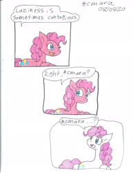 Size: 1672x2161 | Tagged: safe, artist:cmara, pinkie pie, earth pony, pony, g4, breaking the fourth wall, comic, female, fourth wall, lazy, mare, open mouth, pinkie being pinkie, simple background, solo, traditional art, white background