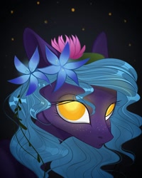 Size: 1080x1350 | Tagged: safe, artist:_quantumness_, oc, oc only, earth pony, pony, bust, earth pony oc, eyelashes, flower, flower in hair, lilypad, night, solo, stars