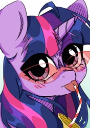 Size: 2039x2893 | Tagged: safe, artist:madkadd, twilight sparkle, pony, unicorn, g4, :p, bust, cute, drink, female, glasses, high res, mare, portrait, simple background, solo, straw, tongue out, twiabetes, unicorn twilight, white background