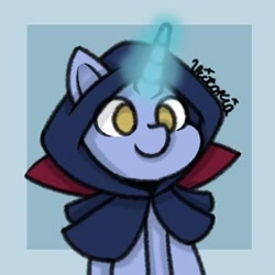 Size: 378x378 | Tagged: safe, artist:flower_you_awesome, oc, oc only, pony, unicorn, abstract background, bust, cloak, clothes, glowing horn, horn, signature, smiling, solo, unicorn oc