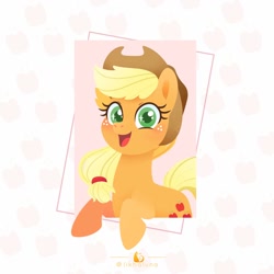 Size: 1080x1080 | Tagged: safe, artist:likhaluna, applejack, earth pony, pony, g4, colored pupils, cowboy hat, cute, female, happy, hat, jackabetes, looking at you, mare, open mouth, out of frame, smiling, solo