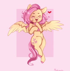 Size: 2859x2897 | Tagged: safe, artist:miokomata, fluttershy, pegasus, pony, g4, colored hooves, cute, ear fluff, eyes closed, female, floating heart, flying, freckles, freckleshy, heart, high res, leg fluff, mare, open mouth, pink background, shyabetes, simple background, solo, spread wings, wings