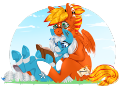 Size: 1200x850 | Tagged: safe, artist:octo_pus, oc, oc only, oc:blaze fury, oc:freezing blizzard, hybrid, pegasus, pony, book, brother and sister, duo, female, glasses, male, siblings, simple background, transparent background