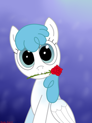 Size: 3016x4032 | Tagged: safe, artist:rainbowšpekgs, lightning bolt, white lightning, pegasus, pony, g4, :3, background pony, bust, cute, female, flower, looking at you, rose, simple background, sitting, solo, wings