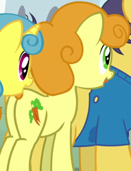 Size: 448x587 | Tagged: safe, screencap, carrot top, golden harvest, lemon hearts, mint condition, earth pony, pony, g4, parental glideance, butt, cropped, female, goldenbutt, mare, plot