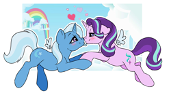 Size: 2870x1602 | Tagged: safe, artist:ali-selle, starlight glimmer, trixie, pony, unicorn, g4, cloud, couple, cute, female, heart, lesbian, love, rainbow, ship:startrix, shipping, simple background, transparent background