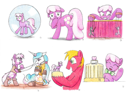 Size: 6560x4728 | Tagged: safe, artist:philo5, big macintosh, cheerilee, diamond tiara, princess celestia, silver spoon, alicorn, earth pony, pony, g4, blade, bondage, bowtie, bubble, butt, cash register, dance puppets dance, eyes closed, figurine, flowerbutt, grin, hoof over mouth, horn, horn ring, magic suppression, mutiny, plot, puppet, puppet strings, puppeteer, ring, rope, rope bondage, smiling, souvenir, sphere, tied up, waving, wide eyes