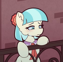 Size: 1284x1264 | Tagged: safe, artist:puetsua, coco pommel, earth pony, pony, g4, balcony, bipedal, bipedal leaning, crying, cute, ear fluff, female, leaning, lidded eyes, mare, necktie, sad, sadorable, solo