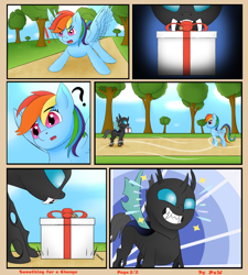 Size: 1800x2000 | Tagged: safe, artist:ponyxwright, rainbow dash, changeling, pegasus, pony, comic:something for a change, g4, cloud, comic, grass, present, sky, tree