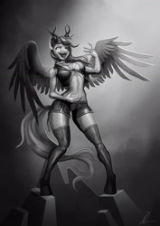 Size: 2480x3508 | Tagged: safe, artist:razlads-slave, oc, oc only, oc:solara, alicorn, anthro, unguligrade anthro, air guitar, bra, breasts, choker, closed eye, clothes, collar, dancing, female, grayscale, helix horn, high res, horn, jacket, leather, monochrome, open mouth, rockstar, shorts, socks, solo, stone throne, thigh highs, throne, tongue out, underwear