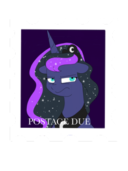 Size: 1280x1707 | Tagged: safe, artist:doodletheexpoodle, princess luna, alicorn, pony, g4, bust, female, floppy ears, frown, luna is not amused, postage stamp, solo, unamused